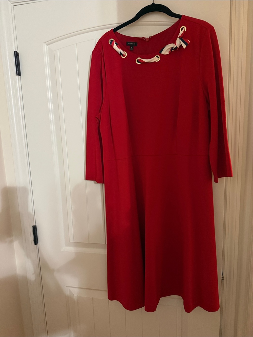 Talbots Red Long-Sleeve Shift Dress with Rope Grommet Detail